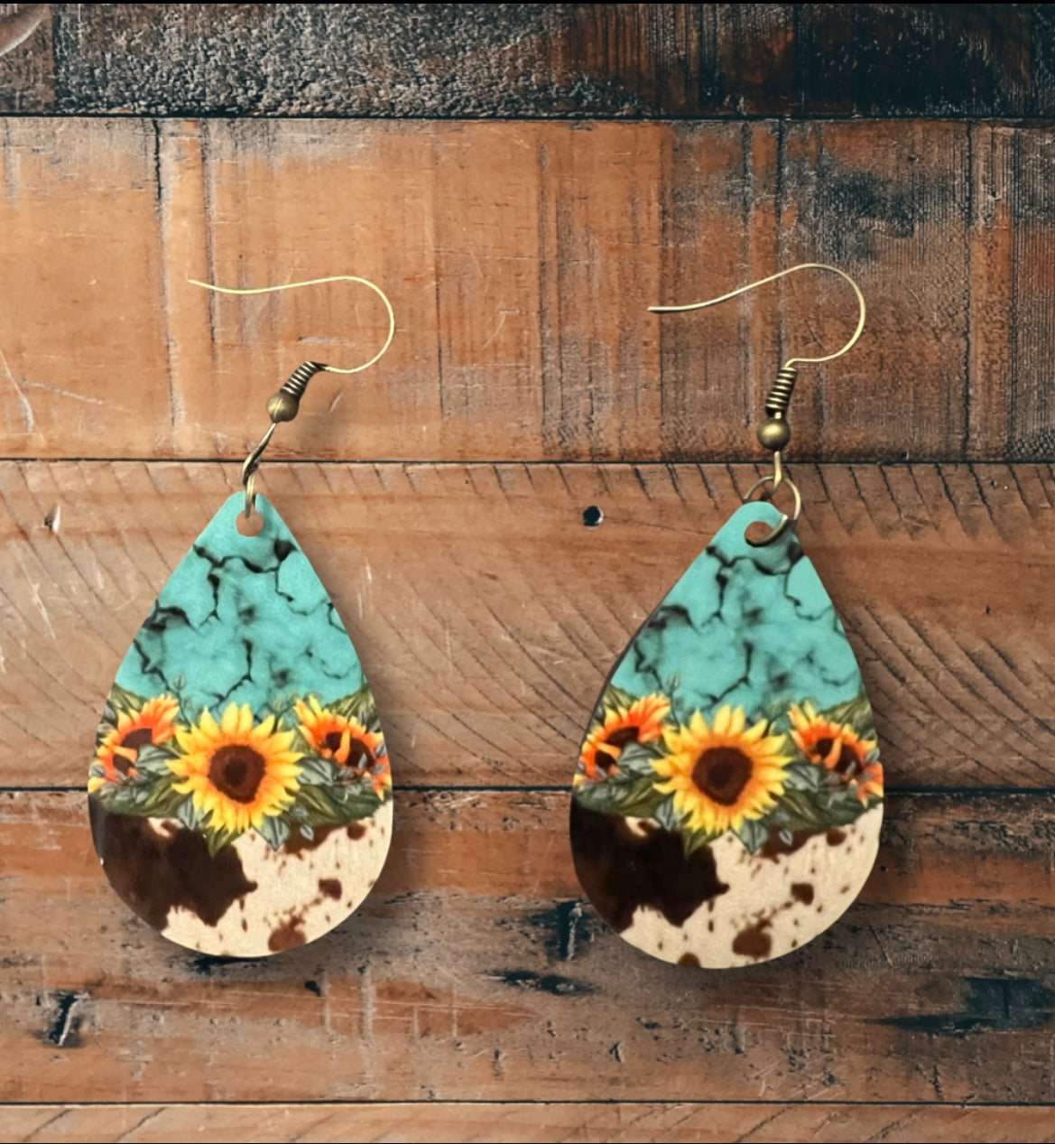 Rustic sunflower teardrop earrings